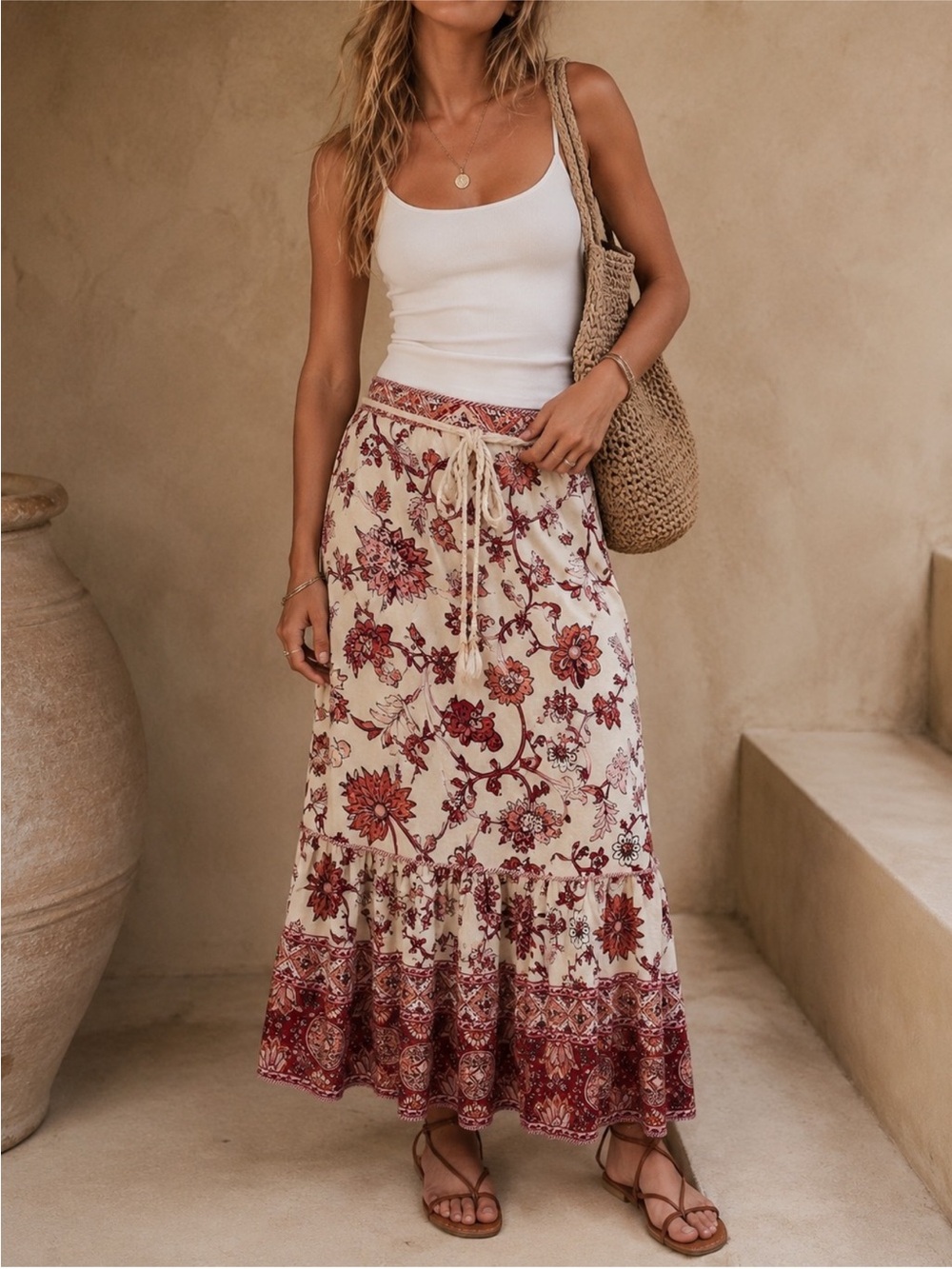 HOUSE OF HARLOW 1960 Floral Linen Blend Maxi Skirt Red Cream Size Large